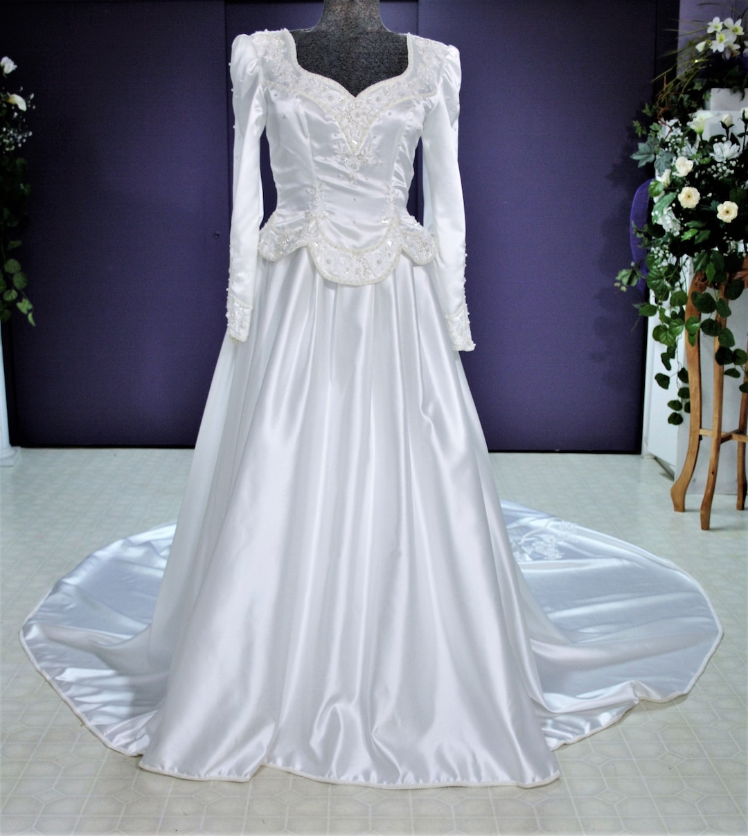 Buy Vintage 1990's Satin Wedding Gown With Long Sleeves Princess Style  Heart Neckling Retro Wedding Dress Online in India