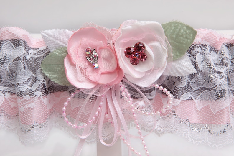 Crystals White /& silver lace garter Prom garter Pink satin and white lace wedding garter set Elegant lace garter Pink silver lingerie