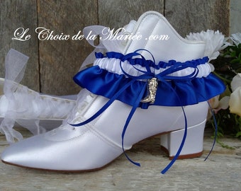 Western Wedding Garter in royal blue and white satin with a Sparkling Cowboy Boot Charm – Elegance and Charm!