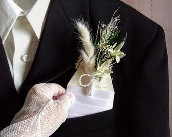 Silk flower pocket boutonniere, trendy accessory for weddings and proms, white ivory buttonhole, mini orchid