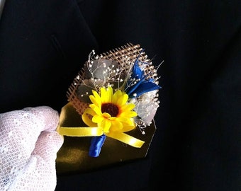 Silk flower pocket boutonniere, sunflower,  trendy accessory for weddings and proms, yellow and blue buttonhole