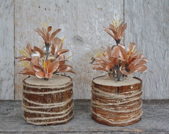 2 Small Wooden Logs Wrapped in Cedar Bark, Gold Thread, and Cord, Ideal for Fireplace Mantel, Rustic Christmas Warm Ambiance