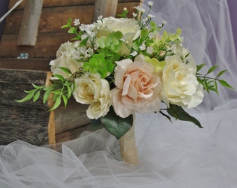 habby Chic Bridal Bouquet Handcrafted with Coral and Ivory Roses - Romantic Elegance and Charm"