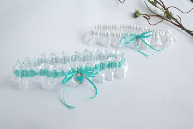 Keepsake and toss heirloom garter Prom garter Satin and organza romantic lingerie Aqua and white garter set for bride Bride garter set