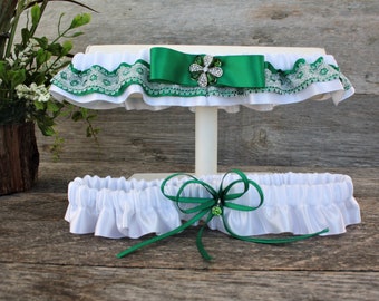 St-Patrick's day Lucky clover leaf irish garter set  4-leaf clover satin and lace wedding garter  Keepsake and toss garter,