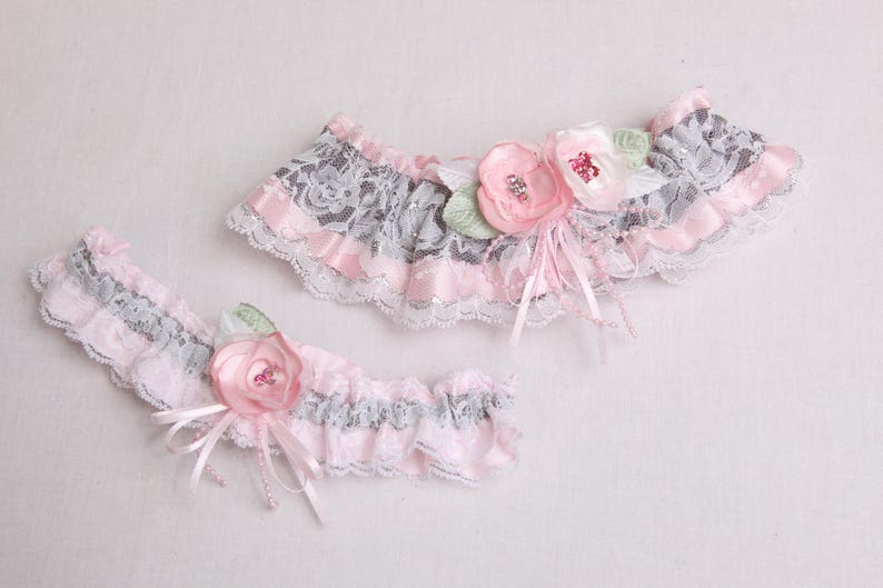 Crystals White /& silver lace garter Prom garter Pink satin and white lace wedding garter set Elegant lace garter Pink silver lingerie