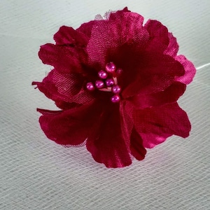 Magnificent vintage burgundy millinery flowers, Fabric and organza hat flower on stem with pearls, Bunch of 6 craft flowers