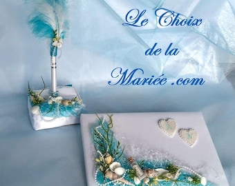 Unique satin Guest Book for a wedding with a theme of the sea or the beach. Adorned with a message in a bottle, seashells, and pearls