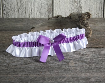 Purple and white satin garter for wedding or prom   Keepsake or toss  Wedding shower gift