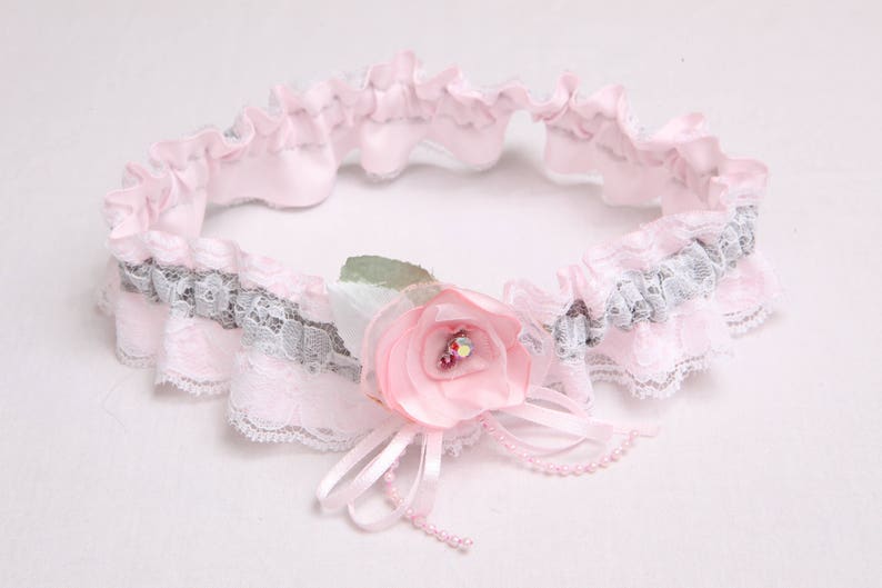 Crystals White /& silver lace garter Prom garter Pink satin and white lace wedding garter set Elegant lace garter Pink silver lingerie