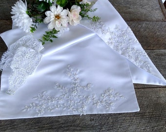 Silky White Satin Scarf with Delicate Lace Appliqués - Vintage Accessory for Weddings, Evenings, Special Ceremonies, and Balls