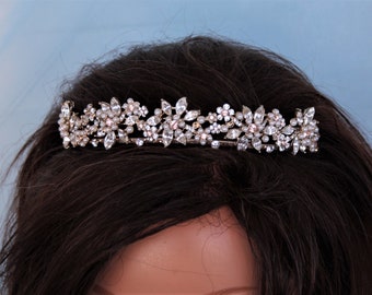 Gold Wedding Diadem adorned with clear Rhinestones, blush accents, and pearls, Bridal crown, Tiara fit for a radiant bride."