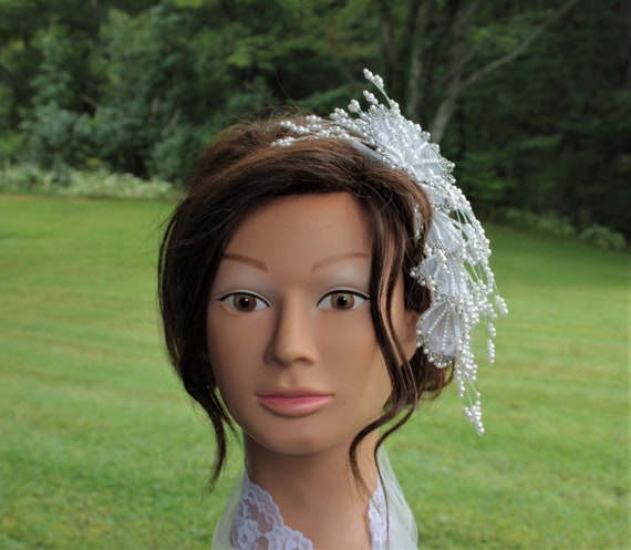 VINTAGE Beaded bridal tiara Headpiece with pearls… - image 2