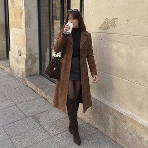 Handcrafted Suede Trench Coat Women, Long Brown Duster Jacket, Women's Classic Fall Outerwear, Custom Made Winter Outerwear, Gift For Her