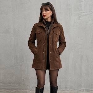 Vintage Suede Coat Women | Winter Long Brown Leather Jacket | Autumn Streetwear Safari Shacket | Custom Cargo Outerwear | Gift For Her