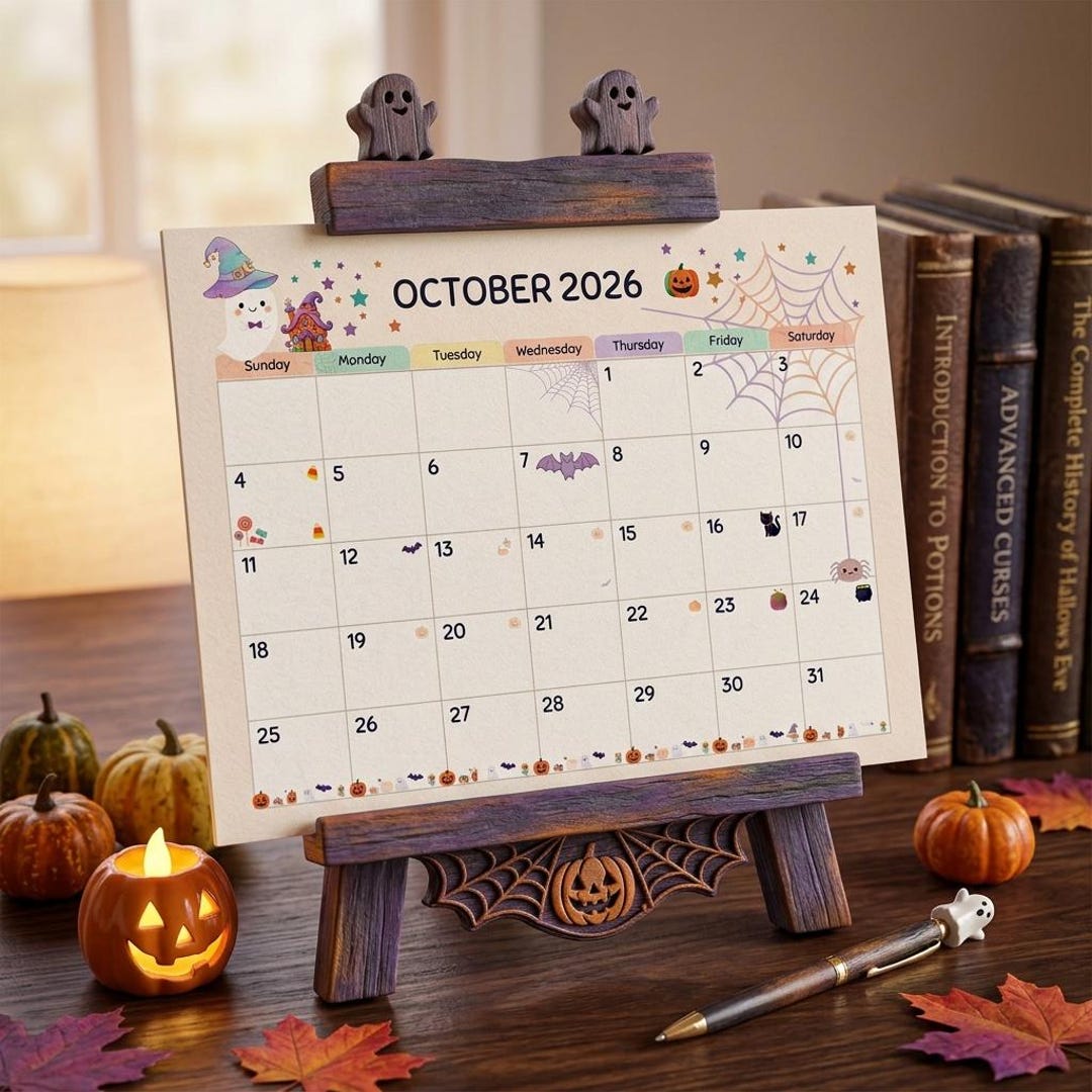 Halloween-Kalender Oktober 2026 zum Ausdrucken, Kawaii-Kürbis, Hexe