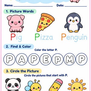 Pu&ograve; includere: Una scheda di attivit&agrave; didattiche sulla lettera P con un maialino rosa, una fetta di pizza e un pinguino. Include esercizi di tracciamento delle parole, una sezione per trovare e colorare la lettera P e un compito di cerchiare le immagini con un panda, un'ape, una matita e un sole.