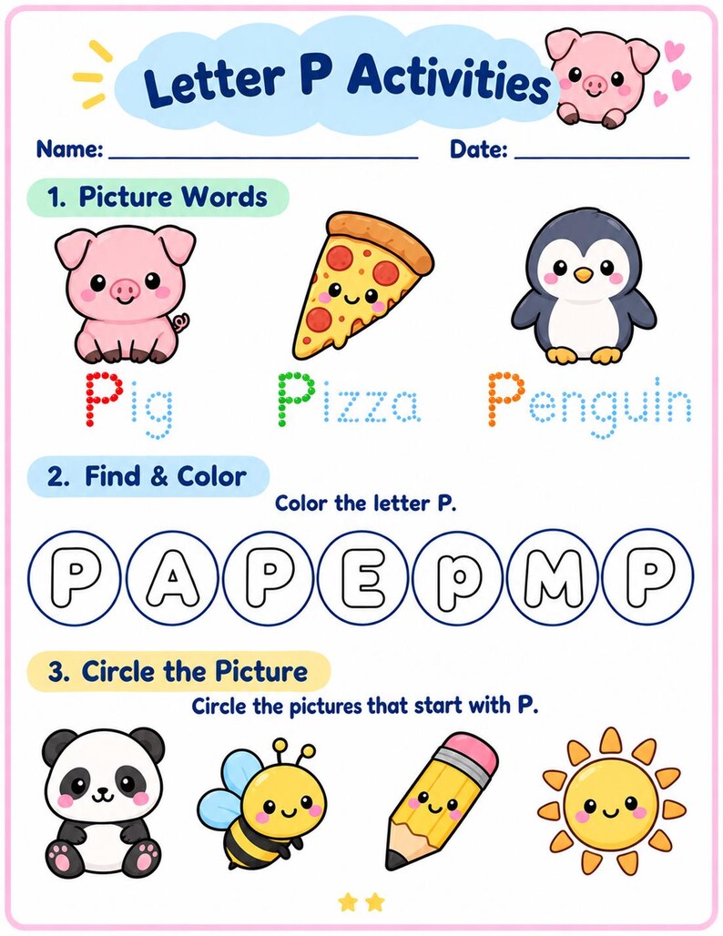 Pu&ograve; includere: Una scheda di attivit&agrave; didattiche sulla lettera P con un maialino rosa, una fetta di pizza e un pinguino. Include esercizi di tracciamento delle parole, una sezione per trovare e colorare la lettera P e un compito di cerchiare le immagini con un panda, un'ape, una matita e un sole.