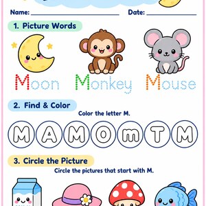 Pu&ograve; includere: Una scheda di attivit&agrave; sulla lettera M con luna, scimmia e topo in testo tratteggiato. Include una sezione Trova e Colora con le lettere M, A, O, T, e una sezione Cerchia l'immagine con latte, cappello, fungo e un pesce.