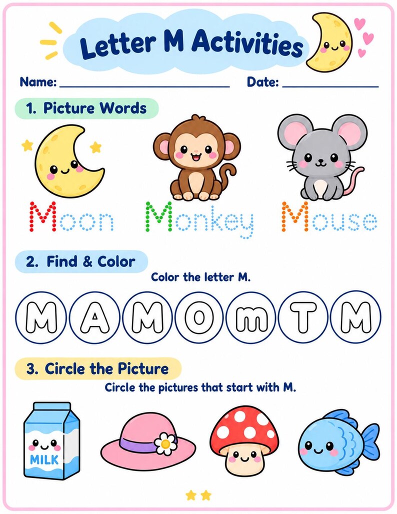 Pu&ograve; includere: Una scheda di attivit&agrave; sulla lettera M con luna, scimmia e topo in testo tratteggiato. Include una sezione Trova e Colora con le lettere M, A, O, T, e una sezione Cerchia l'immagine con latte, cappello, fungo e un pesce.