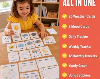 Può includere: Un set di carte educative sul meteo e sull'umore con illustrazioni a cartoni animati ed etichette come Sunny, Windy, Cloudy, Rainy, Stormy, Happy, Sad, Angry, Calm, Excited, Confused, Surprised e Sleepy, insieme a tracker giornalieri e mensili.