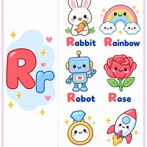 Pu&ograve; includere: Un poster educativo con la lettera R in rosso e blu. Mostra illustrazioni di un coniglio, arcobaleno, robot, rosa, anello e razzo, ognuno etichettato con il proprio nome che inizia con la lettera R in un carattere chiaro e colorato.