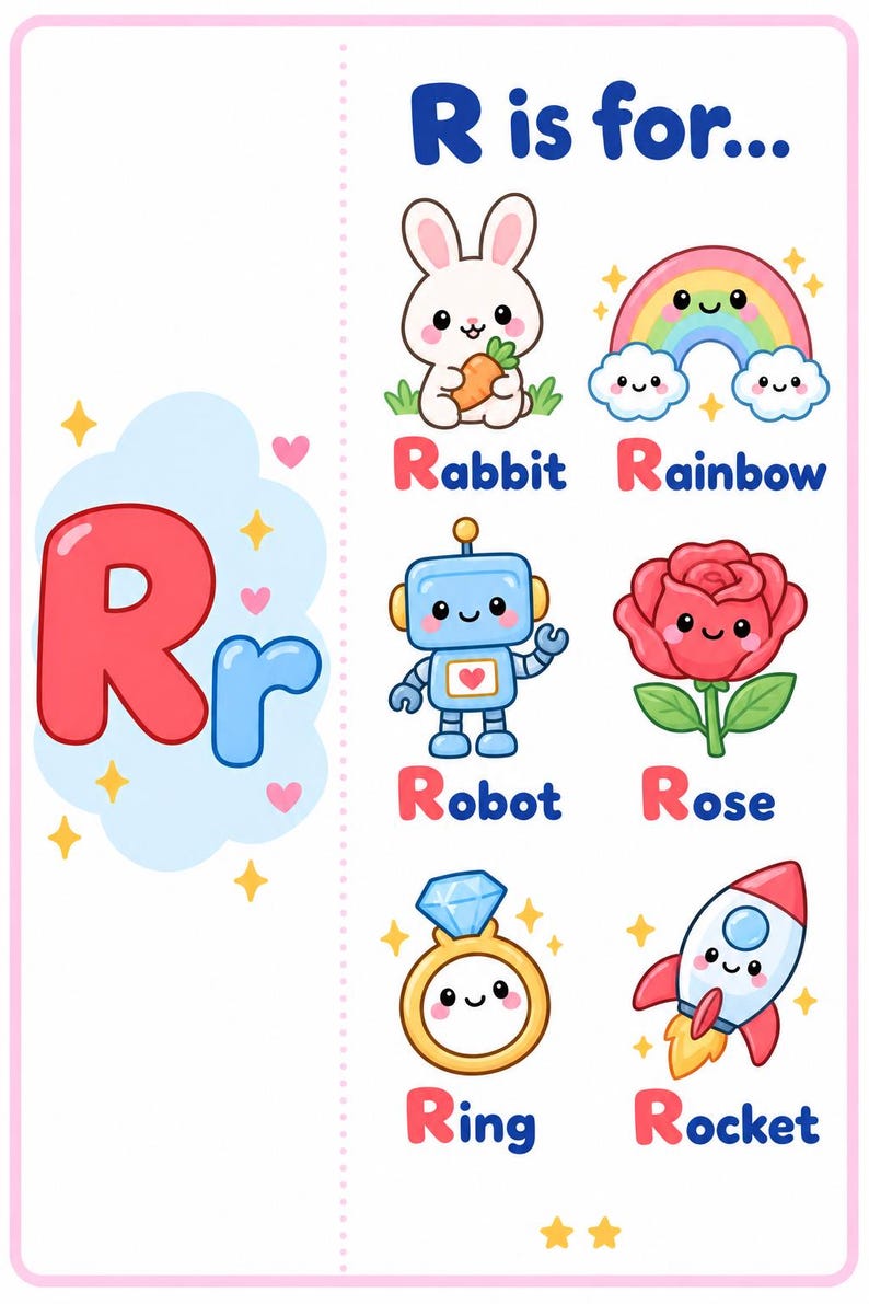 Pu&ograve; includere: Un poster educativo con la lettera R in rosso e blu. Mostra illustrazioni di un coniglio, arcobaleno, robot, rosa, anello e razzo, ognuno etichettato con il proprio nome che inizia con la lettera R in un carattere chiaro e colorato.