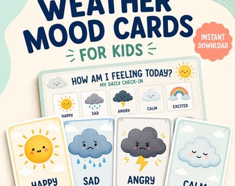Può includere: Carte dell'umore meteo per bambini con una tabella di controllo giornaliera con il testo How Am I Feeling Today? e quattro carte individuali che mostrano un sole giallo Happy, una nuvola di pioggia blu Sad, una nuvola temporalesca scura Angry e una nuvola bianca Calm.