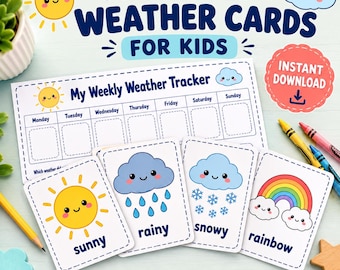Può includere: Un set di monitoraggio meteo stampabile per bambini con un grafico settimanale e quattro carte illustrate che raffigurano sole, pioggia, neve e arcobaleno con faccine carine. Il testo include "My Weekly Weather Tracker" e le etichette.