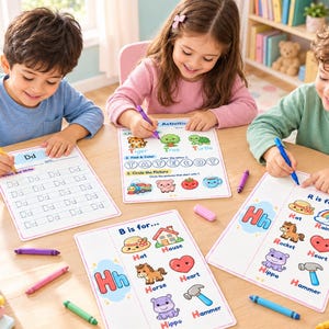 Pu&ograve; includere: Tre bambini seduti a un tavolo di legno lavorano su schede didattiche con lettere, illustrazioni colorate di animali, oggetti e parole come Dd, Hh, Tiger, Tree, Turtle, Hat, House, Horse, Heart, Hippo e Hammer.