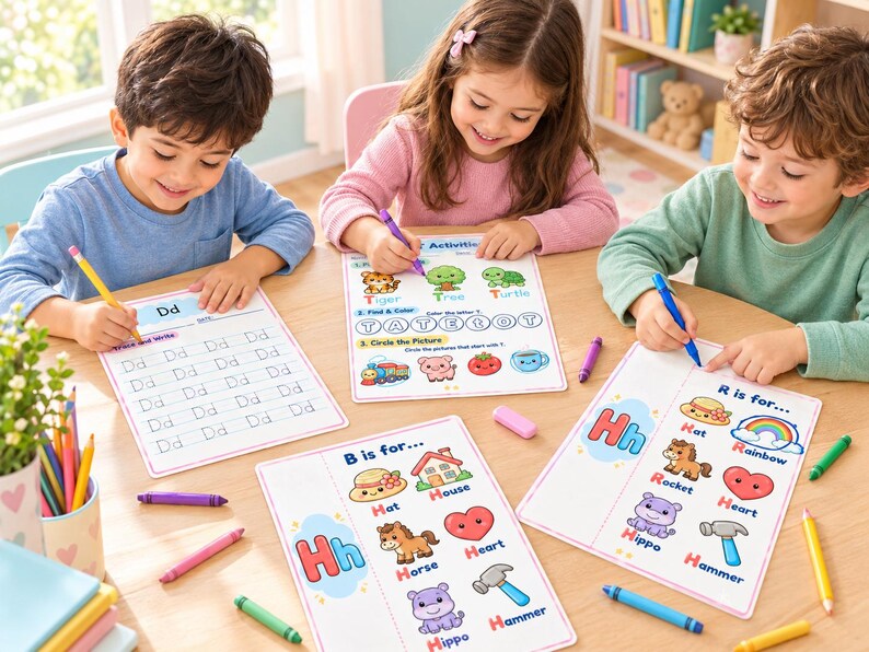 Pu&ograve; includere: Tre bambini seduti a un tavolo di legno lavorano su schede didattiche con lettere, illustrazioni colorate di animali, oggetti e parole come Dd, Hh, Tiger, Tree, Turtle, Hat, House, Horse, Heart, Hippo e Hammer.