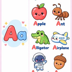 Pu&ograve; includere: Un poster educativo che mostra la lettera A in maiuscolo e minuscolo. Include illustrazioni di una mela, una formica, un alligatore, un aereo, un astronauta e una ghianda, ciascuna etichettata con testo che inizia con la lettera A in rosso.