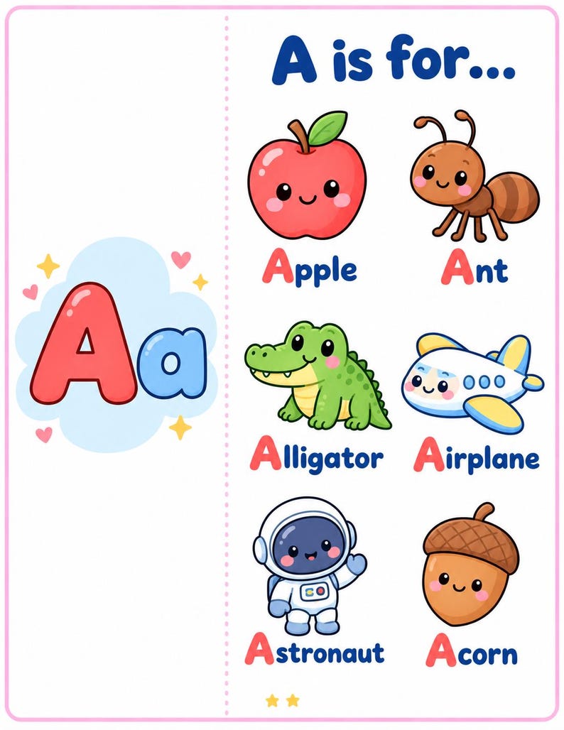 Pu&ograve; includere: Un poster educativo che mostra la lettera A in maiuscolo e minuscolo. Include illustrazioni di una mela, una formica, un alligatore, un aereo, un astronauta e una ghianda, ciascuna etichettata con testo che inizia con la lettera A in rosso.