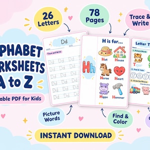 Pu&ograve; includere: Schede didattiche dell'alfabeto dalla A alla Z in PDF stampabile per bambini con 26 lettere e 78 pagine. Include esercizi di tracciamento e scrittura, parole illustrate, attivit&agrave; di ricerca e colorazione, e compiti di cerchiare immagini.