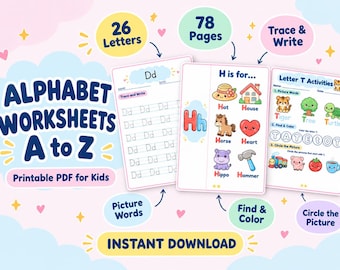 Può includere: Schede didattiche dell'alfabeto dalla A alla Z in PDF stampabile per bambini con 26 lettere e 78 pagine. Include esercizi di tracciamento e scrittura, parole illustrate, attività di ricerca e colorazione, e compiti di cerchiare immagini.