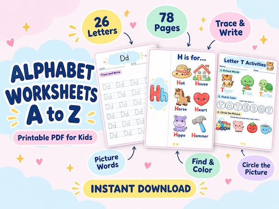 Alphabet Letters Printable Worksheets A to Z Letter Sounds Learn to Write Preschool Kindergarten Homeschool | Alphabet Tracing Worksheets