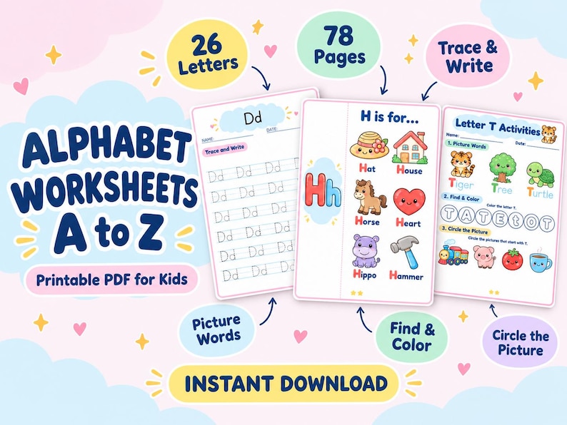Pu&ograve; includere: Schede didattiche dell'alfabeto dalla A alla Z in PDF stampabile per bambini con 26 lettere e 78 pagine. Include esercizi di tracciamento e scrittura, parole illustrate, attivit&agrave; di ricerca e colorazione, e compiti di cerchiare immagini.