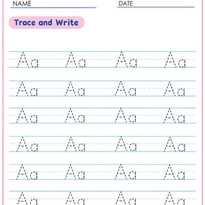 Pu&ograve; includere: Una scheda didattica bianca con la lettera Aa in alto all'interno di una nuvola blu. Sotto, le scritte Name e Date sono seguite da righe per scrivere. La sezione Trace and Write contiene sei righe di lettere Aa tratteggiate.
