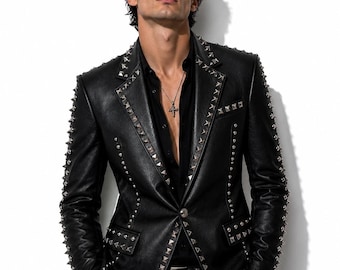 Schwarzer Herren-Lederblazer mit Nieten, Punk-Rock-Motorradjacke, Gothic-Oberbekleidung