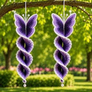 May include: Two hanging crochet decorations shaped like butterflies with purple gradient wings and white scalloped edges. Each butterfly features a long, spiraling tail made of purple crochet fabric with white trim, finished with a small white bead.