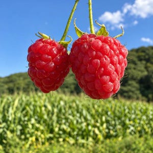 May include: Two vibrant red raspberries hang from green stems. The berries feature a textured, bumpy surface with small hairs. The fruit is captured in bright daylight, showcasing the deep crimson color and the intricate structure of the drupelets.