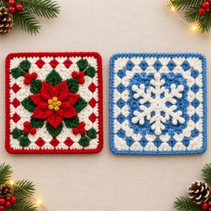 May include: Two square crochet coasters. The left coaster features a red poinsettia flower with green leaves and red berries on a white and red background. The right coaster displays a white snowflake on a blue and white background.