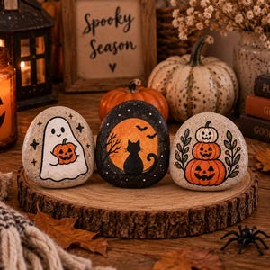 以下が含まれることがあります： ハロウィーンのデザインが描かれた3つの滑らかで丸い石。左の石にはカボチャを持った白い幽霊、中央の石には大きなオレンジ色の月を背景にした黒猫のシルエット、右の石には3つのカボチャが積み重なった様子が描かれています。