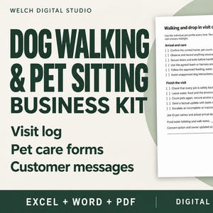 Könnte beinhalten: Ein digitales Business-Kit für Hundebetreuung und Gassi-Service mit einer Checkliste namens Walking and drop in visit checklist. Das Dokument enthält Abschnitte für Ankunft, Pflege und Abschluss des Besuchs mit dunkelgrünem Text auf hellem Grund.