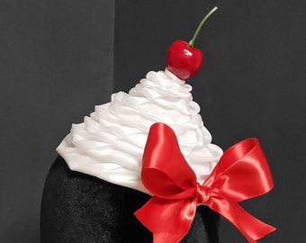 Sweet Whipped Cream, Buttercream, Strawberry Cream, or Chocolate Mousse Dollop Hat ~ Plain or Cherry on Top ~ 9+ Bow Colors Available