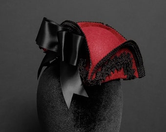 Black and Garnet Red Mini Tricorn Pirate Hat - Made to Order