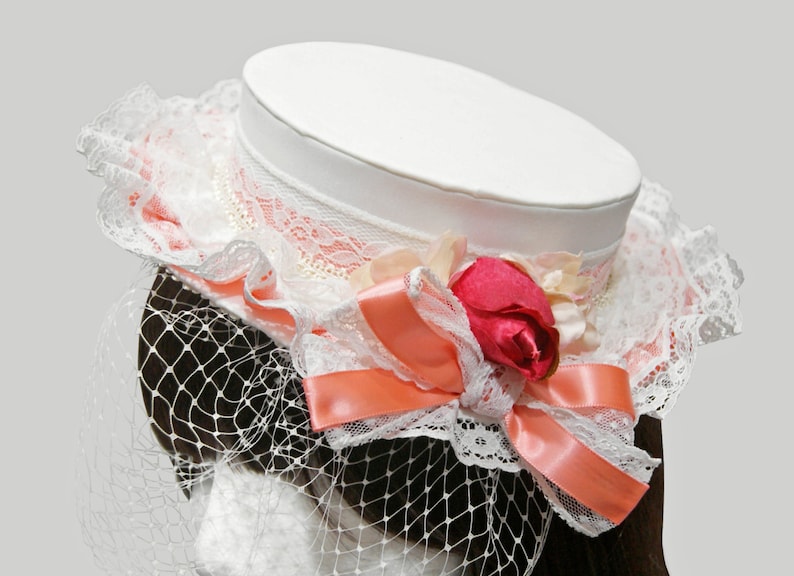 Variety of Accent Colors Available Southern Belle Ruffles Lace Ivory Veiled Boater Hat