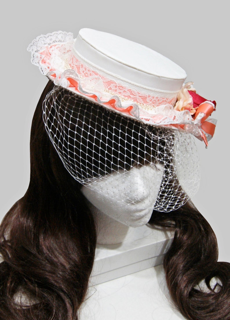 Variety of Accent Colors Available Southern Belle Ruffles Lace Ivory Veiled Boater Hat