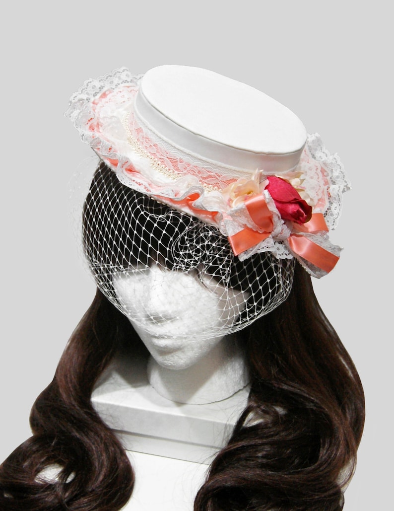 Variety of Accent Colors Available Southern Belle Ruffles Lace Ivory Veiled Boater Hat
