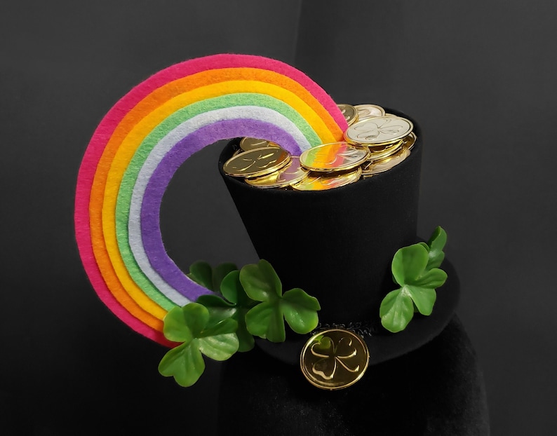 St. Patricks Day Rainbow and Pot of Gold with Shamrocks Top Hat Fascinator ~ Made to Order 